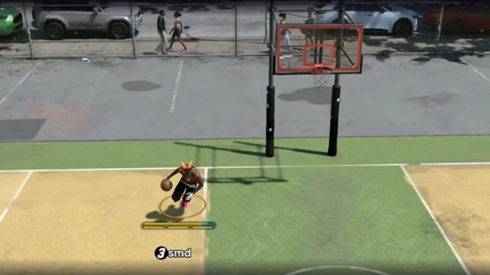 NBA 2K27 MyPLAYER in a black jersey bringing the ball up on an outdoor court.