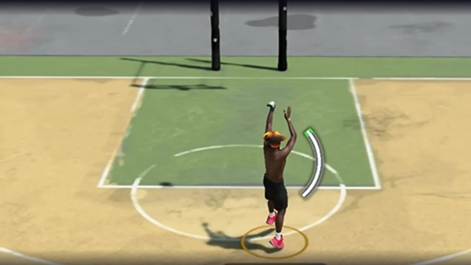 NBA 2K27 MyPLAYER releasing a jumper on an outdoor court, with the shot meter in the green window.