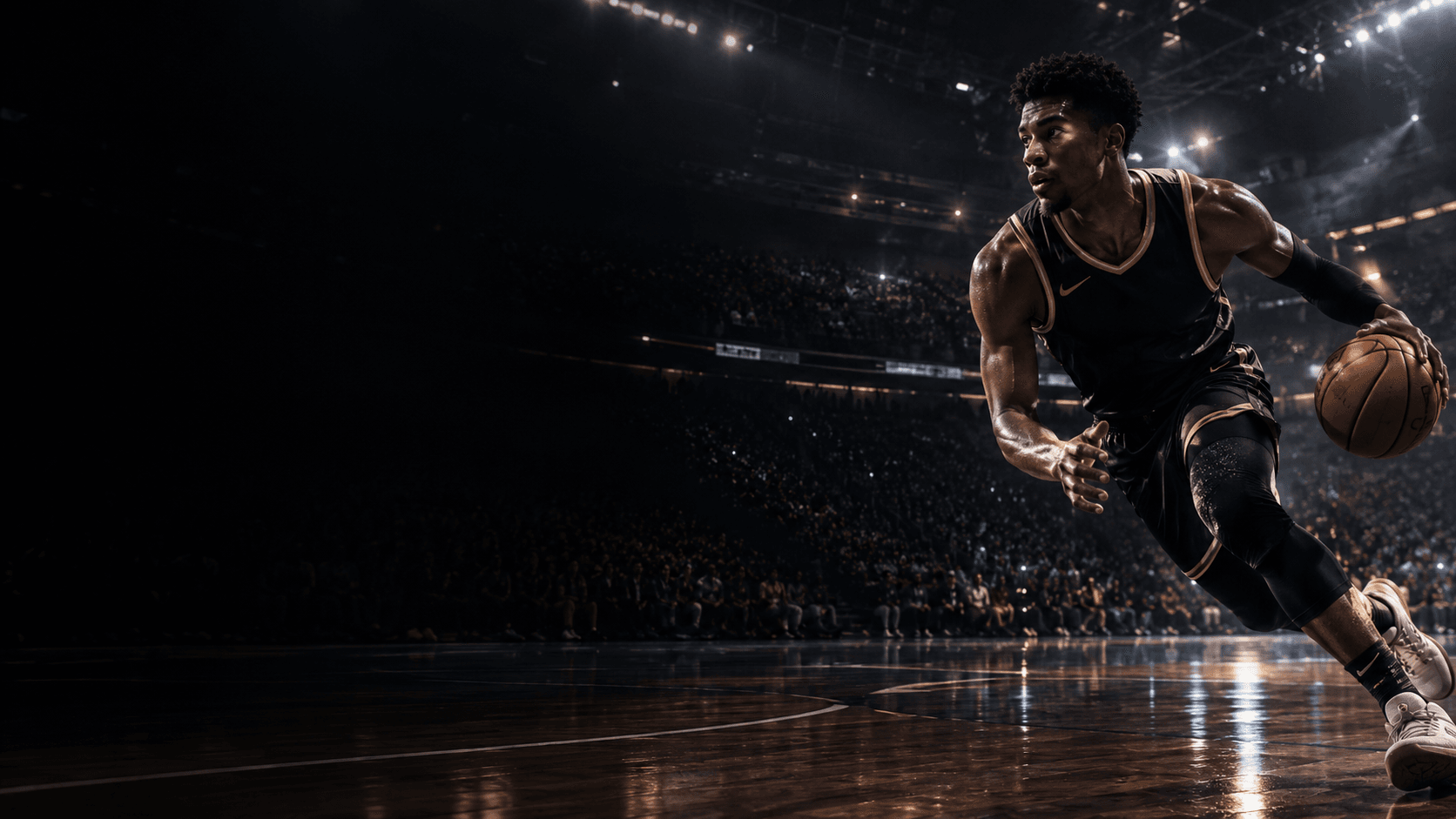 Basketball player driving on a dark court.